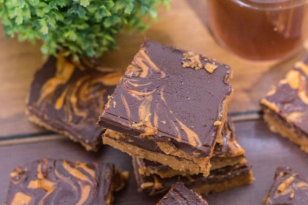 Close up view of No Bake Chocolate Peanut Butter Bars