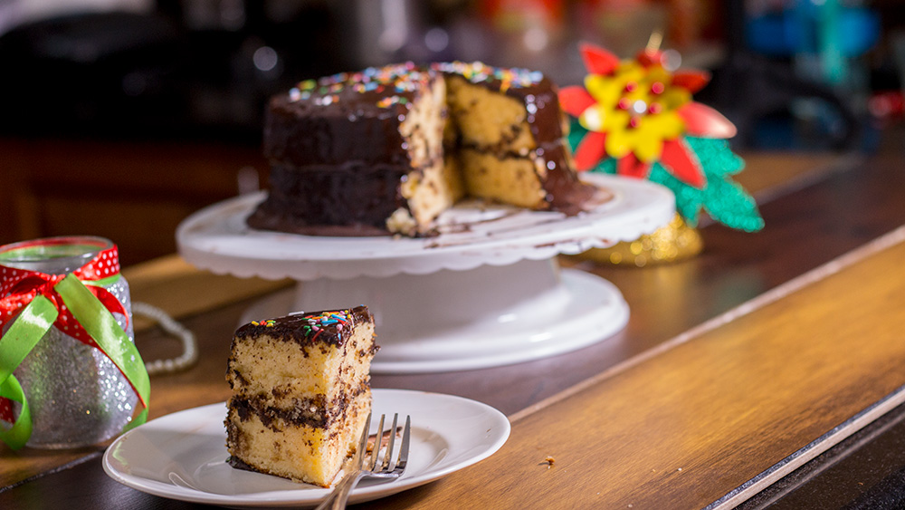 Wide view of Yellow cake with chocolate frosting